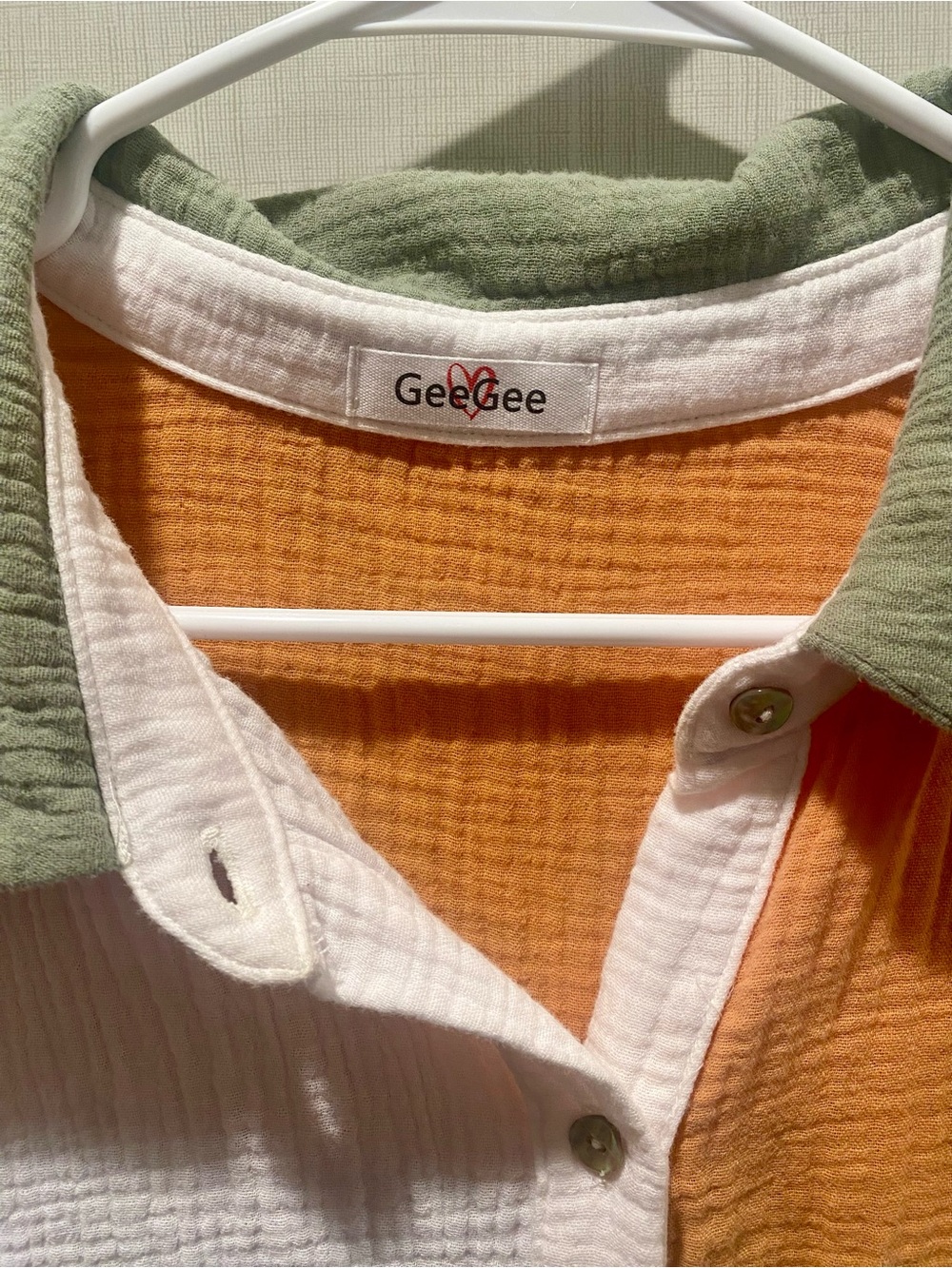 GeeGee Colorblock Button-Up Shirt in White, Orange, Lavender & Sage - Picture 3 of 4